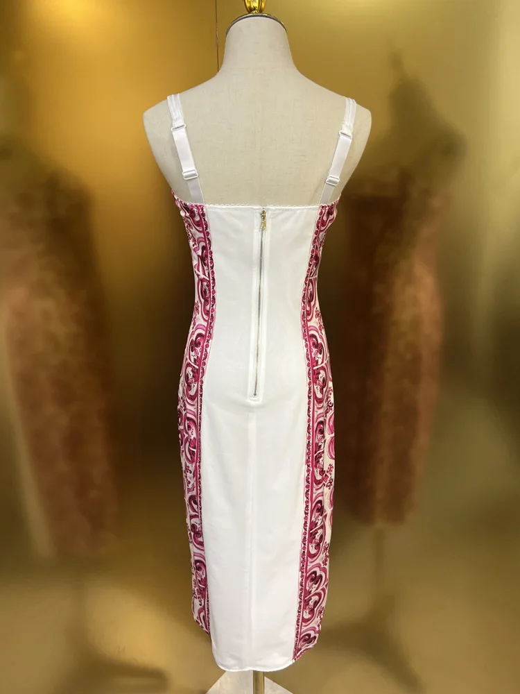 Summer Silk Bustier Midi Dress Women's Elegant Spaghetti Strap Porcelain Print Beach Party Sexy Bodycon Vacation Evening Dress