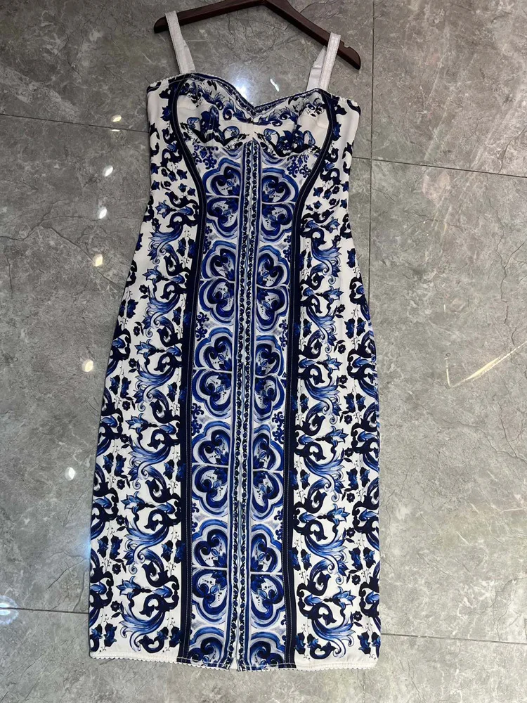Summer Silk Bustier Midi Dress Women's Elegant Spaghetti Strap Porcelain Print Beach Party Sexy Bodycon Vacation Evening Dress