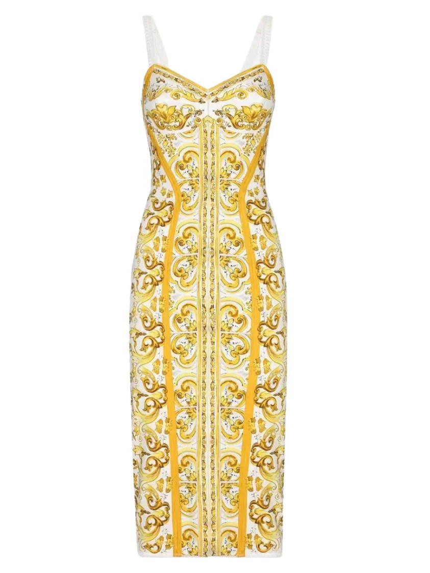 Summer Silk Bustier Midi Dress Women's Elegant Spaghetti Strap Porcelain Print Beach Party Sexy Bodycon Vacation Evening Dress