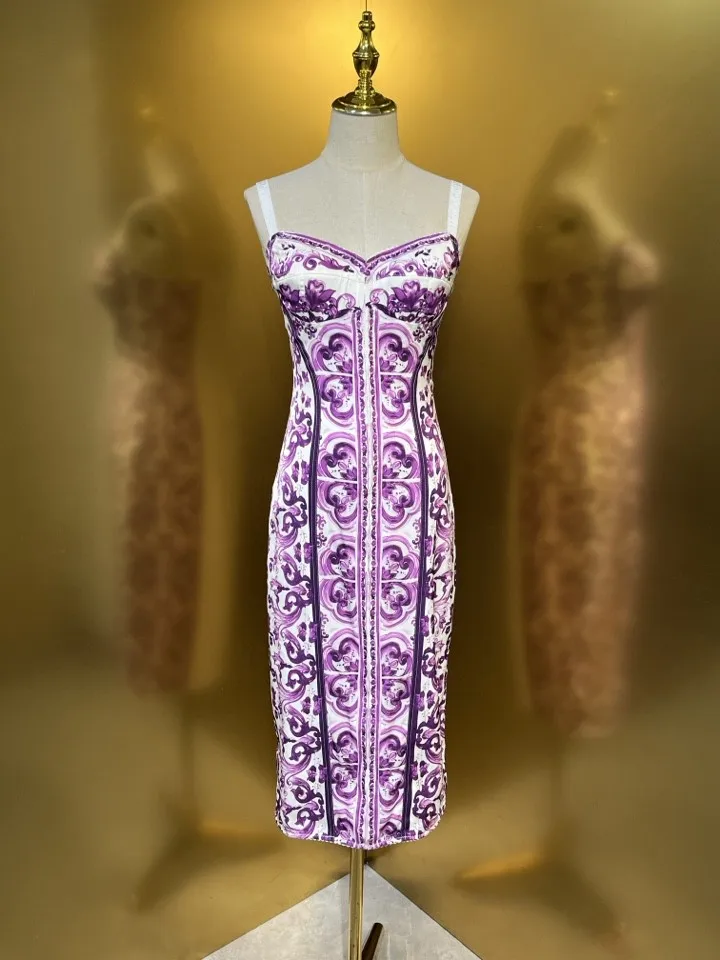 Summer Silk Bustier Midi Dress Women's Elegant Spaghetti Strap Porcelain Print Beach Party Sexy Bodycon Vacation Evening Dress