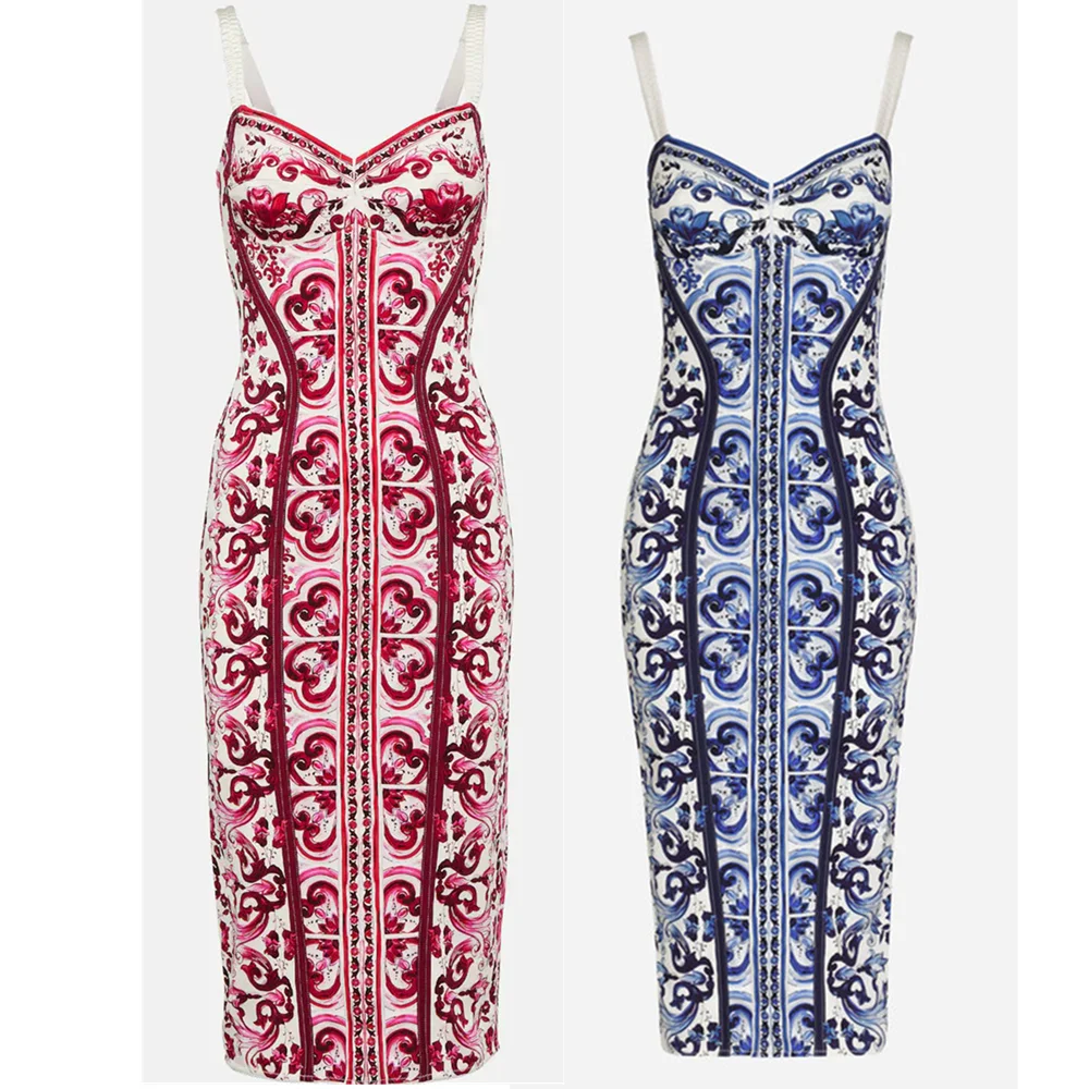 Summer Silk Bustier Midi Dress Women's Elegant Spaghetti Strap Porcelain Print Beach Party Sexy Bodycon Vacation Evening Dress