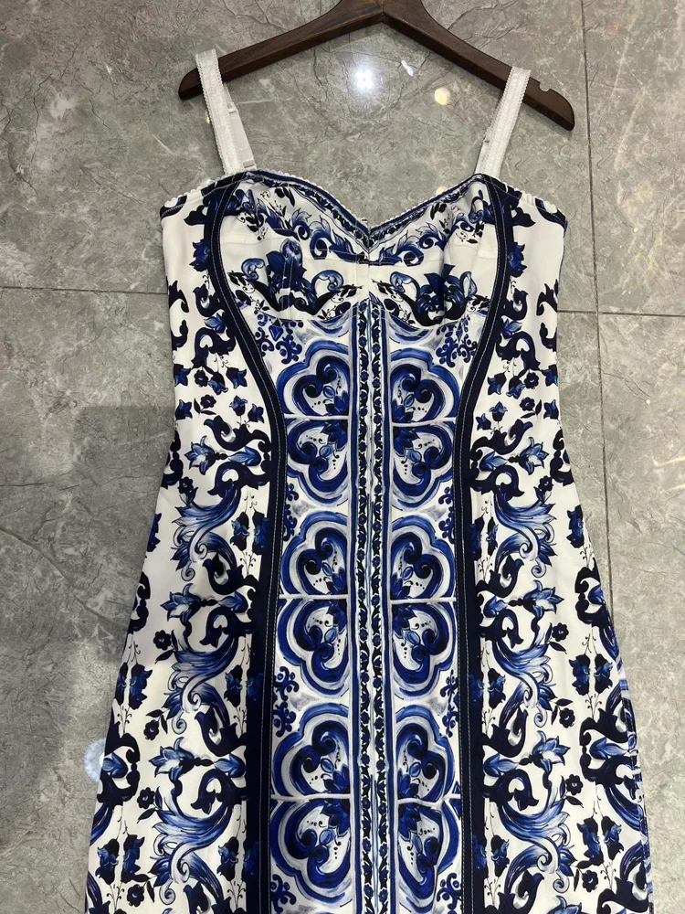 Summer Silk Bustier Midi Dress Women's Elegant Spaghetti Strap Porcelain Print Beach Party Sexy Bodycon Vacation Evening Dress