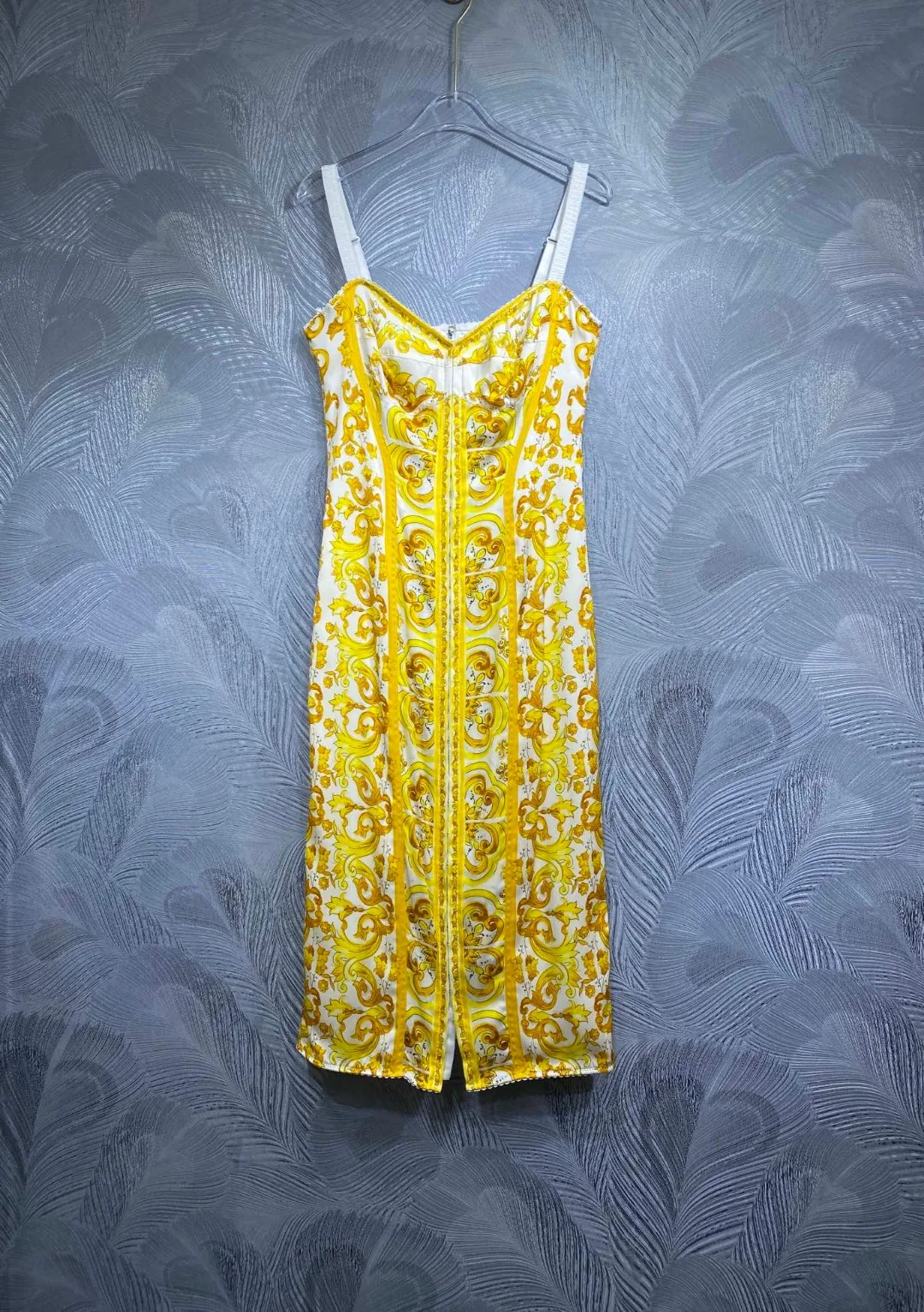 Summer Silk Bustier Midi Dress Women's Elegant Spaghetti Strap Porcelain Print Beach Party Sexy Bodycon Vacation Evening Dress