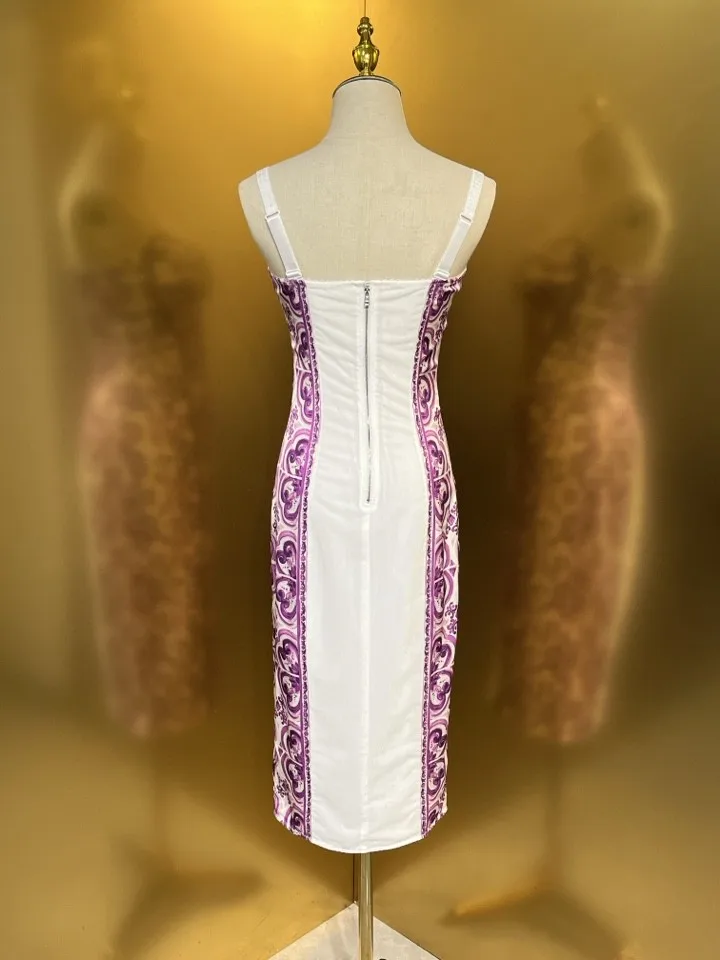 Summer Silk Bustier Midi Dress Women's Elegant Spaghetti Strap Porcelain Print Beach Party Sexy Bodycon Vacation Evening Dress
