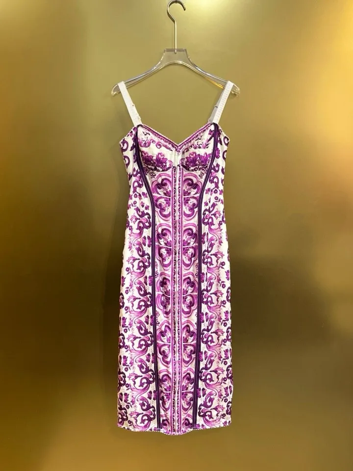 Summer Silk Bustier Midi Dress Women's Elegant Spaghetti Strap Porcelain Print Beach Party Sexy Bodycon Vacation Evening Dress
