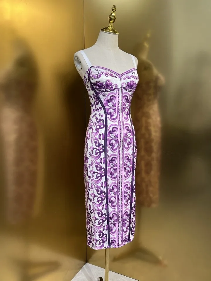 Summer Silk Bustier Midi Dress Women's Elegant Spaghetti Strap Porcelain Print Beach Party Sexy Bodycon Vacation Evening Dress