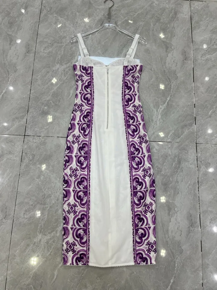 Summer Silk Bustier Midi Dress Women's Elegant Spaghetti Strap Porcelain Print Beach Party Sexy Bodycon Vacation Evening Dress
