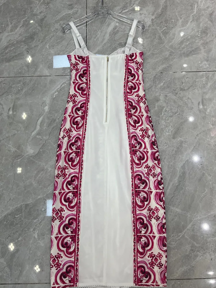 Summer Silk Bustier Midi Dress Women's Elegant Spaghetti Strap Porcelain Print Beach Party Sexy Bodycon Vacation Evening Dress