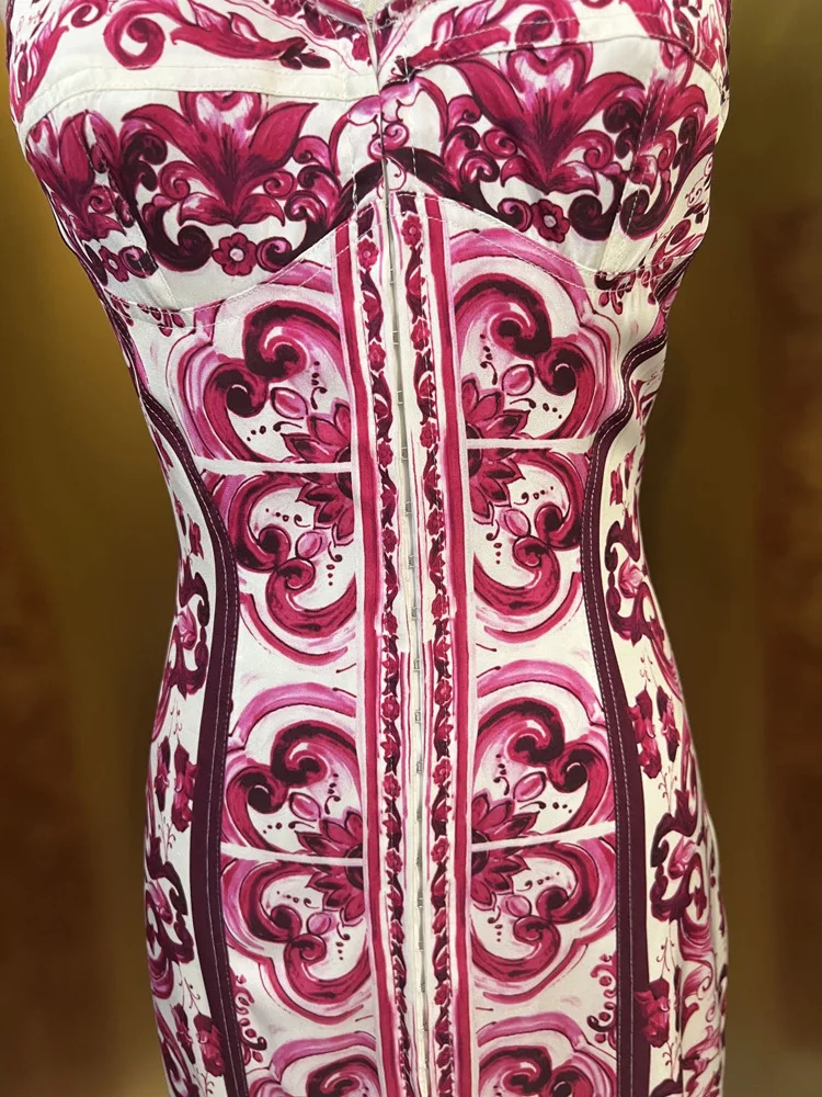 Summer Silk Bustier Midi Dress Women's Elegant Spaghetti Strap Porcelain Print Beach Party Sexy Bodycon Vacation Evening Dress
