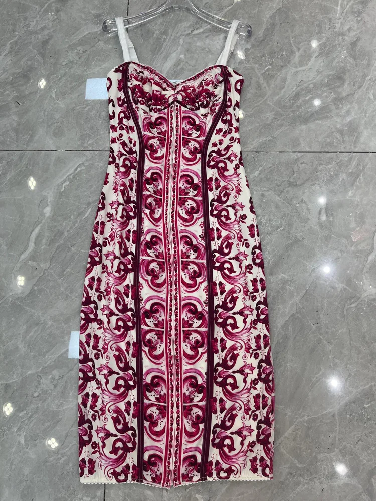 Summer Silk Bustier Midi Dress Women's Elegant Spaghetti Strap Porcelain Print Beach Party Sexy Bodycon Vacation Evening Dress