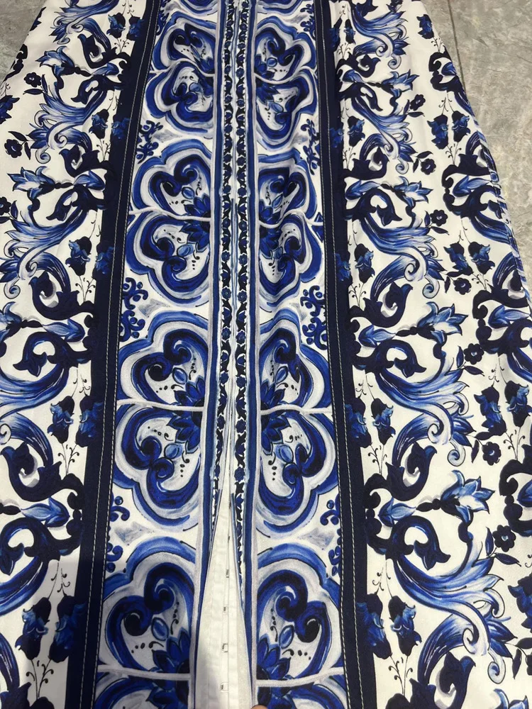 Summer Silk Bustier Midi Dress Women's Elegant Spaghetti Strap Porcelain Print Beach Party Sexy Bodycon Vacation Evening Dress