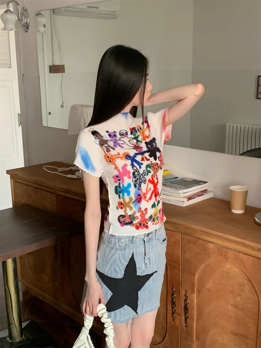 CHEERART Artist Graffiti White Designer Summer Top For Women 2023 Graphic T Shirts Pleated Fashion Tees Crop Top Trendy Clothes