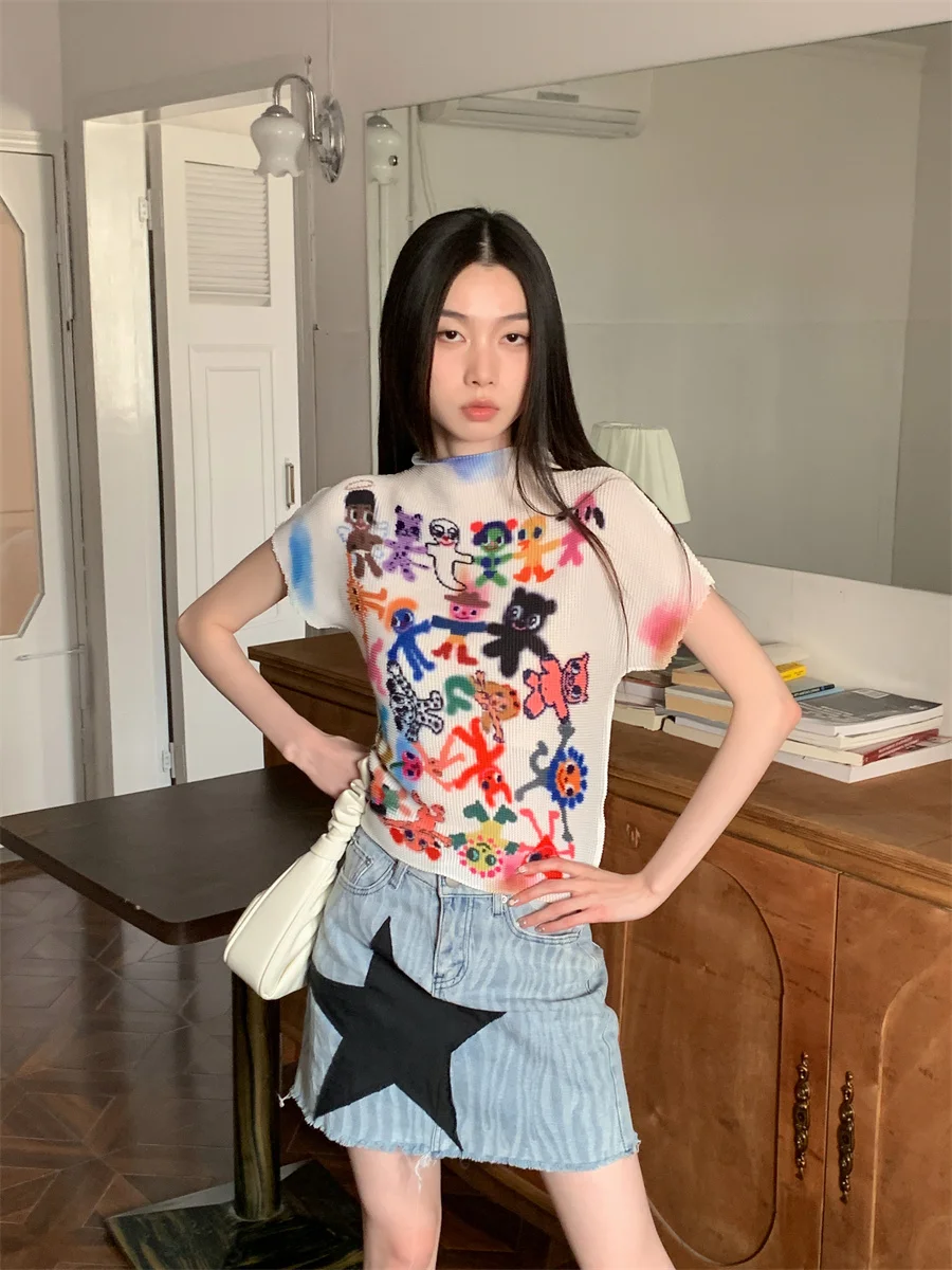 CHEERART Artist Graffiti White Designer Summer Top For Women 2023 Graphic T Shirts Pleated Fashion Tees Crop Top Trendy Clothes