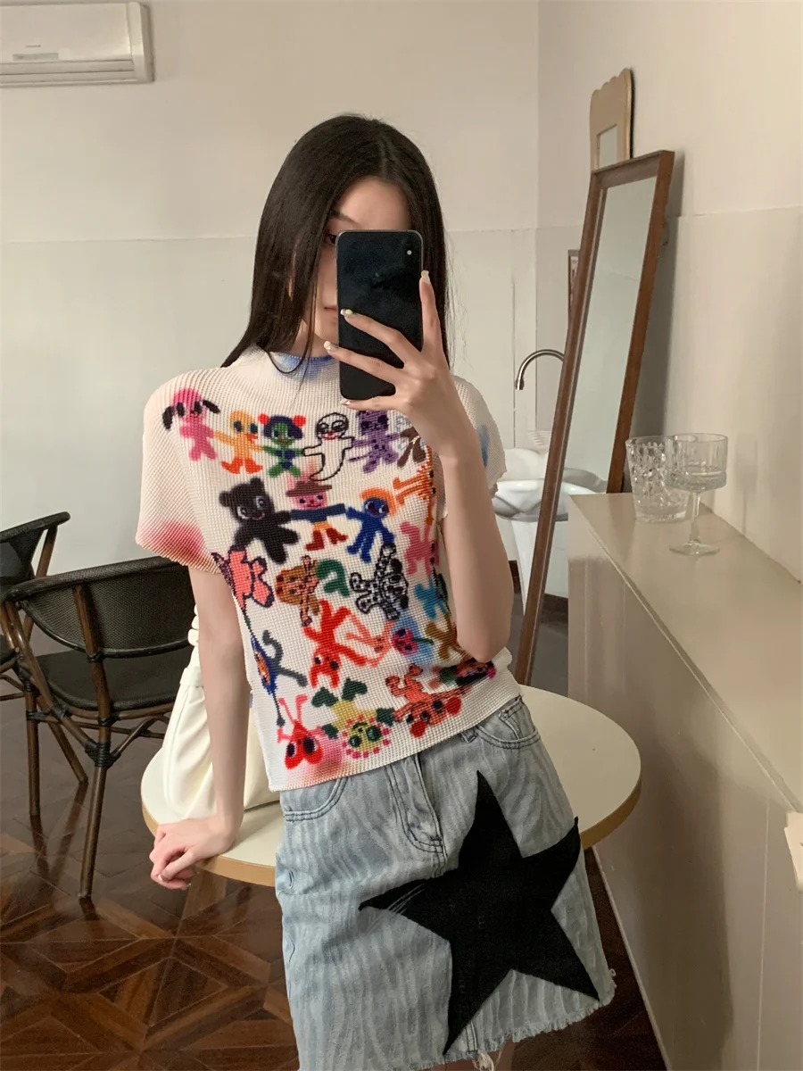 CHEERART Artist Graffiti White Designer Summer Top For Women 2023 Graphic T Shirts Pleated Fashion Tees Crop Top Trendy Clothes