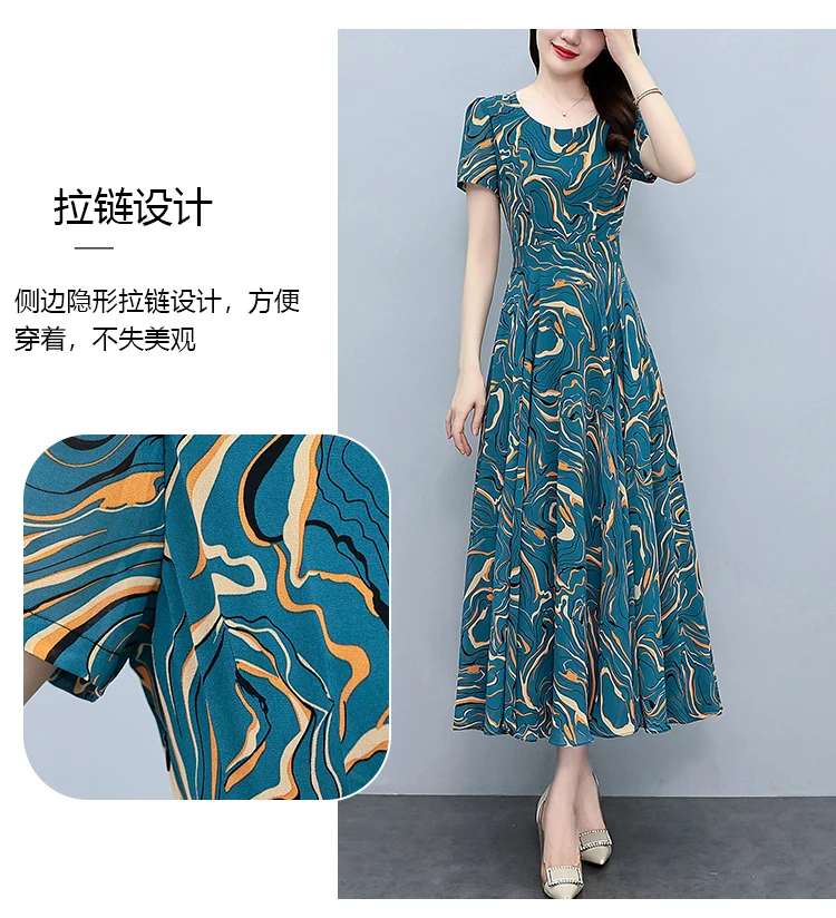 Summer Blue Print Short Sleeve Midi Dress Women Fashion Elegant Casual Holiday Robe 2024 Korean Bodycon Party Evening Long Dress