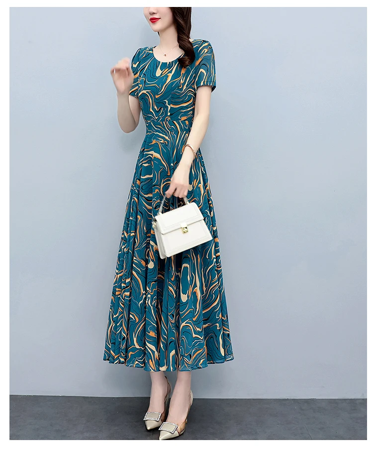Summer Blue Print Short Sleeve Midi Dress Women Fashion Elegant Casual Holiday Robe 2024 Korean Bodycon Party Evening Long Dress