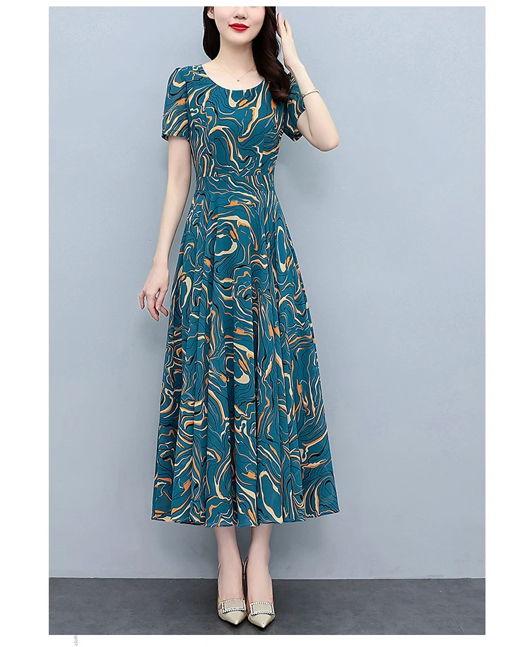 Summer Blue Print Short Sleeve Midi Dress Women Fashion Elegant Casual Holiday Robe 2024 Korean Bodycon Party Evening Long Dress