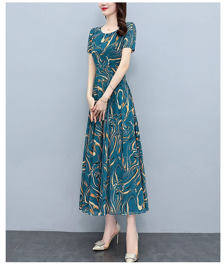 Summer Blue Print Short Sleeve Midi Dress Women Fashion Elegant Casual Holiday Robe 2024 Korean Bodycon Party Evening Long Dress