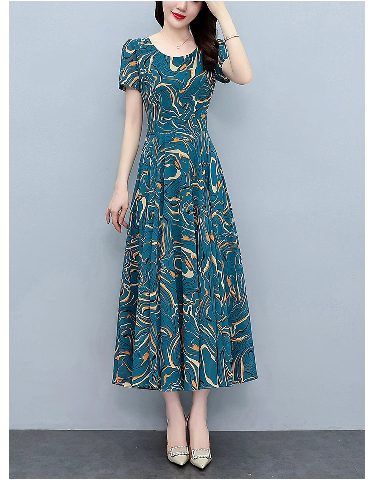 Summer Blue Print Short Sleeve Midi Dress Women Fashion Elegant Casual Holiday Robe 2024 Korean Bodycon Party Evening Long Dress