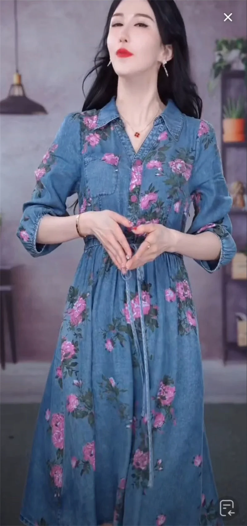 4XL Lace-Up Dress 2023 Spring/Summer New Light Luxury Fashion Waist Covering And Slim Fit Peony Print Denim Dress V-Neck Dress