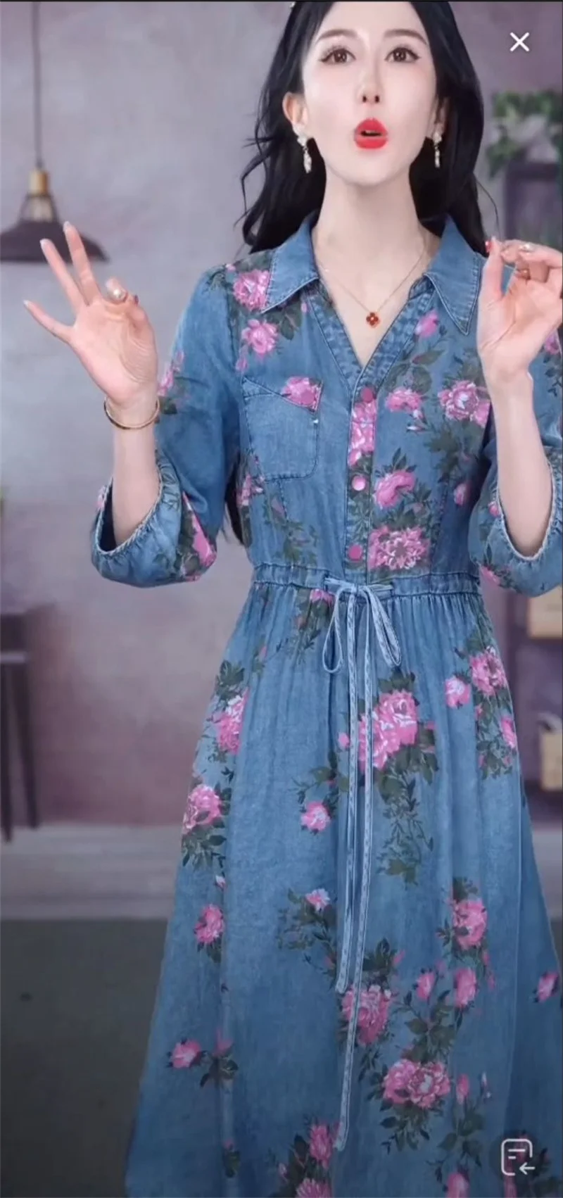 4XL Lace-Up Dress 2023 Spring/Summer New Light Luxury Fashion Waist Covering And Slim Fit Peony Print Denim Dress V-Neck Dress