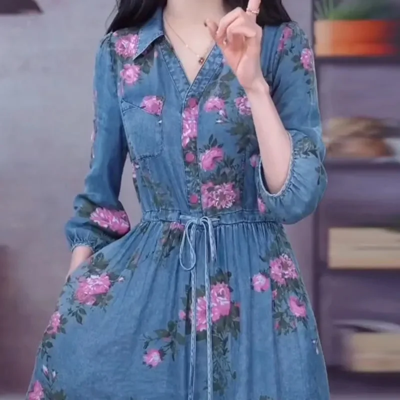 4XL Lace-Up Dress 2023 Spring/Summer New Light Luxury Fashion Waist Covering And Slim Fit Peony Print Denim Dress V-Neck Dress