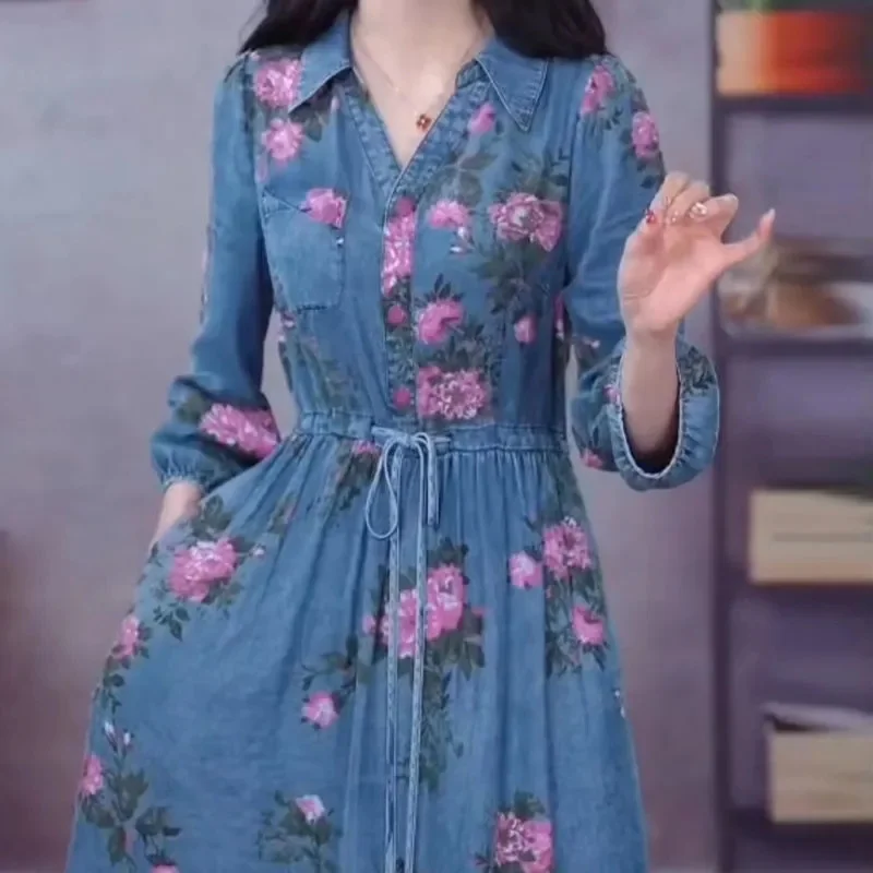 4XL Lace-Up Dress 2023 Spring/Summer New Light Luxury Fashion Waist Covering And Slim Fit Peony Print Denim Dress V-Neck Dress