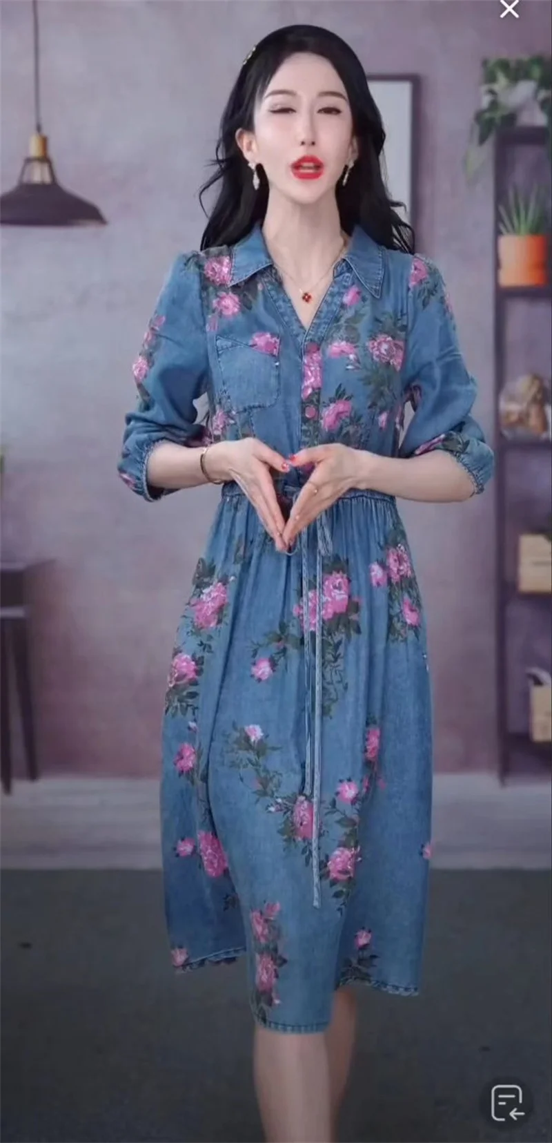 4XL Lace-Up Dress 2023 Spring/Summer New Light Luxury Fashion Waist Covering And Slim Fit Peony Print Denim Dress V-Neck Dress
