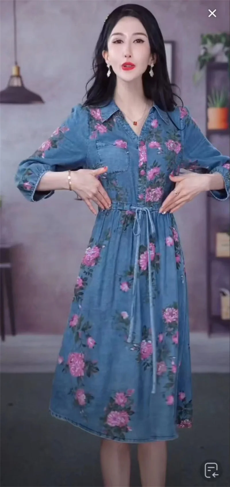 4XL Lace-Up Dress 2023 Spring/Summer New Light Luxury Fashion Waist Covering And Slim Fit Peony Print Denim Dress V-Neck Dress
