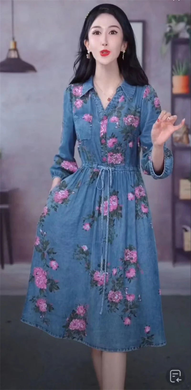 4XL Lace-Up Dress 2023 Spring/Summer New Light Luxury Fashion Waist Covering And Slim Fit Peony Print Denim Dress V-Neck Dress