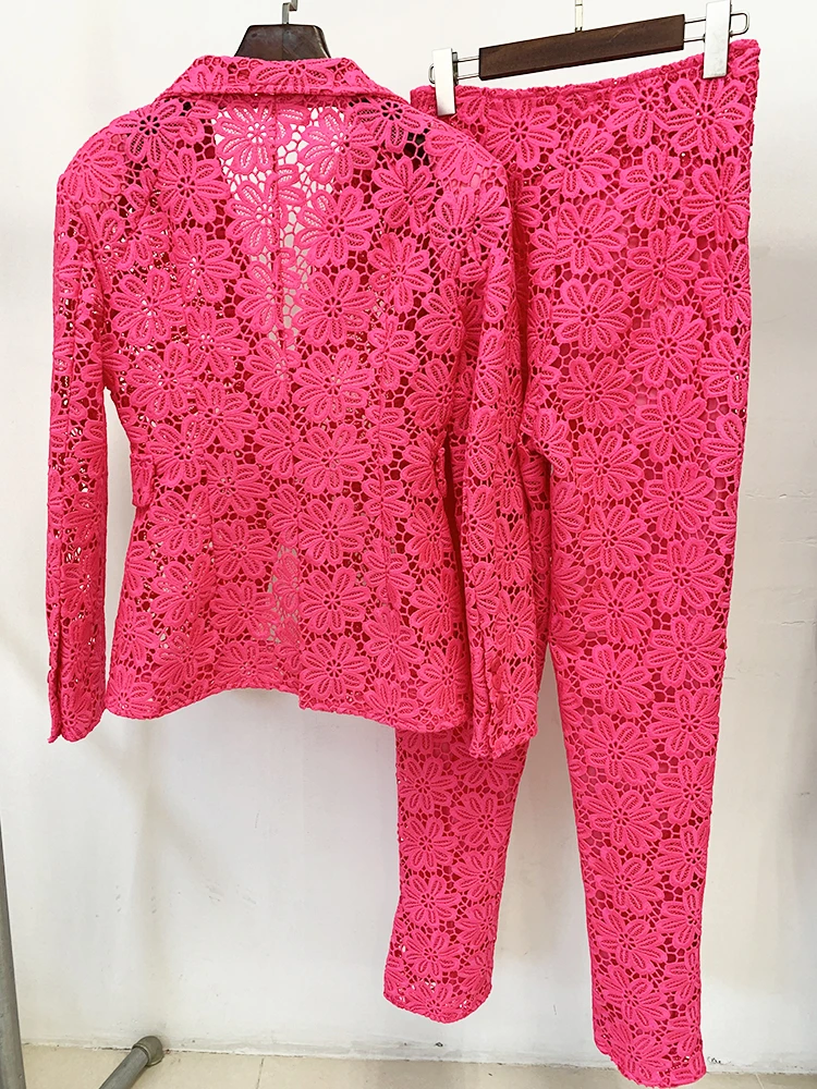 HIGH STREET Newest 2026 Designer Runway Fashion Suit Set Women's Single Button Guipure Lace Blazer Pencil Pants Suit 2pcs
