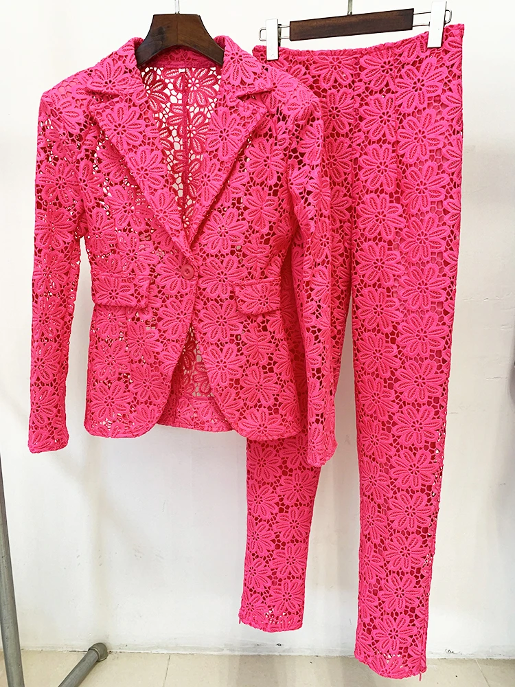 HIGH STREET Newest 2026 Designer Runway Fashion Suit Set Women's Single Button Guipure Lace Blazer Pencil Pants Suit 2pcs
