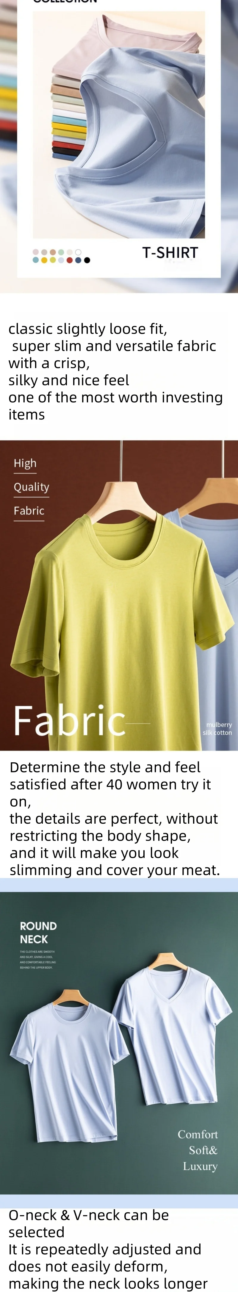 Women's T-Shirt, Short Sleeve, V Neck Tees, O Neck, Silk Cotton,Solid, Monochromatic, Summer Tops