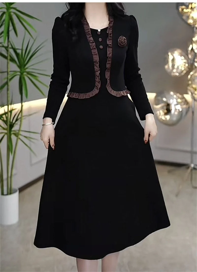 Autumn Winter Add Velvet Long Dress Women Fake Two Pieces Long Sleeve Dress High End Elegant Mother Wedding Party Dress Vestidos