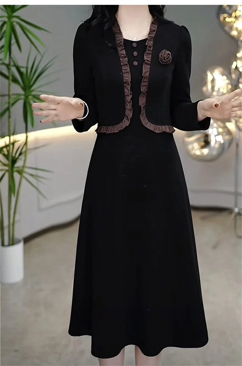 Autumn Winter Add Velvet Long Dress Women Fake Two Pieces Long Sleeve Dress High End Elegant Mother Wedding Party Dress Vestidos