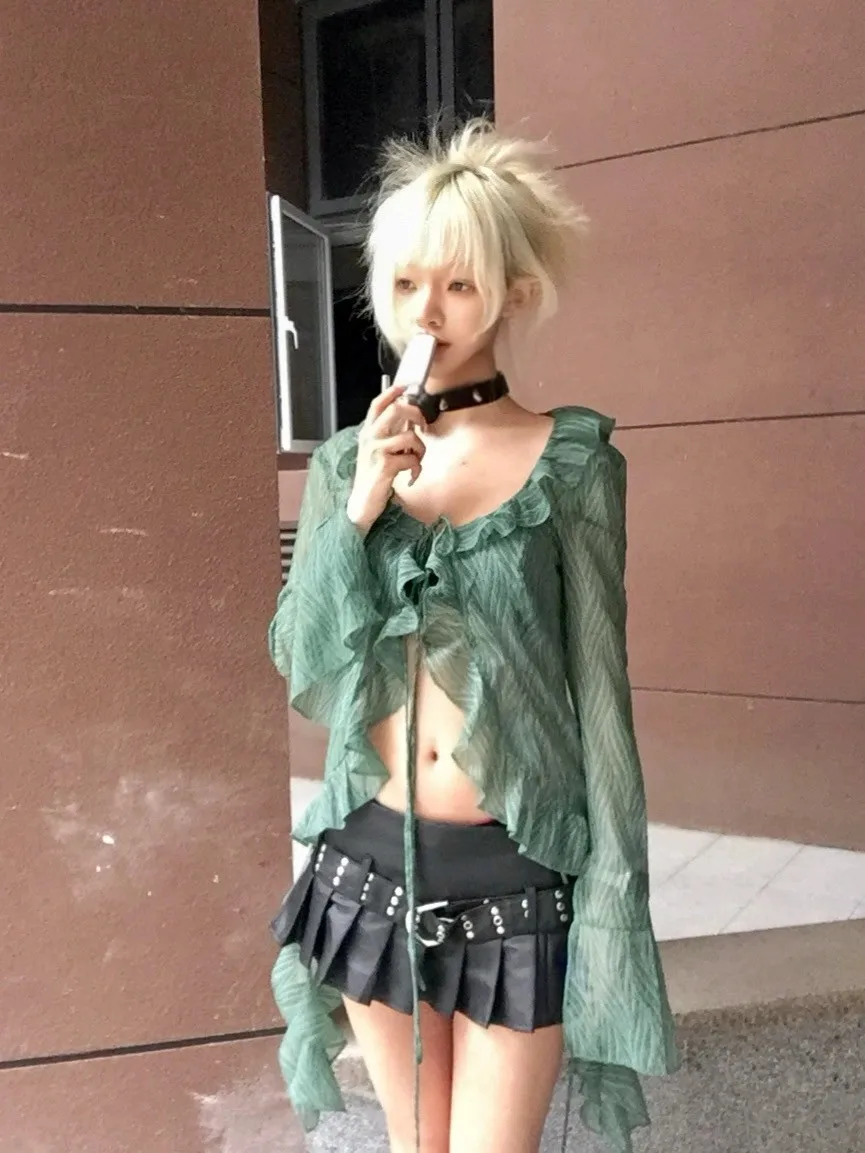 Karrram Japanese Y2k Lace Shirt Vintage 2000s Style Ruffles Blouses Grunge Aesthetics Irregular Green Shirts American Retro 90s