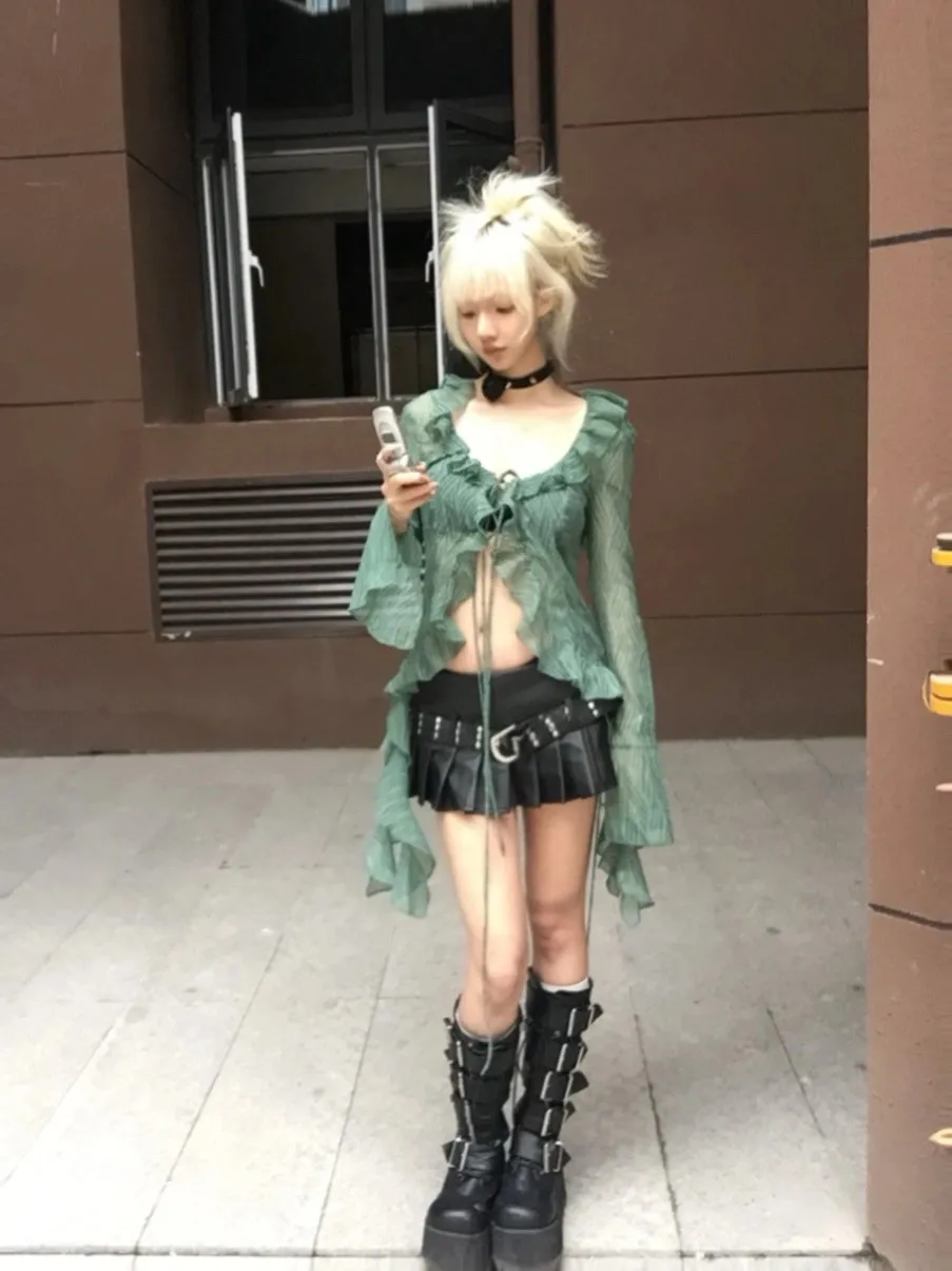 Karrram Japanese Y2k Lace Shirt Vintage 2000s Style Ruffles Blouses Grunge Aesthetics Irregular Green Shirts American Retro 90s