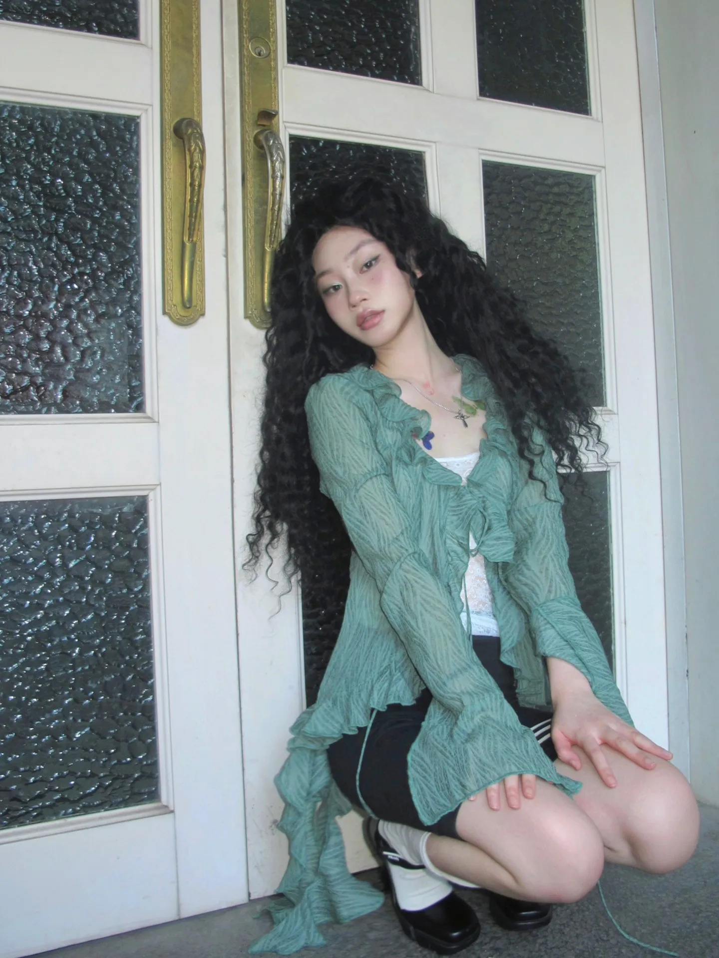 Karrram Japanese Y2k Lace Shirt Vintage 2000s Style Ruffles Blouses Grunge Aesthetics Irregular Green Shirts American Retro 90s
