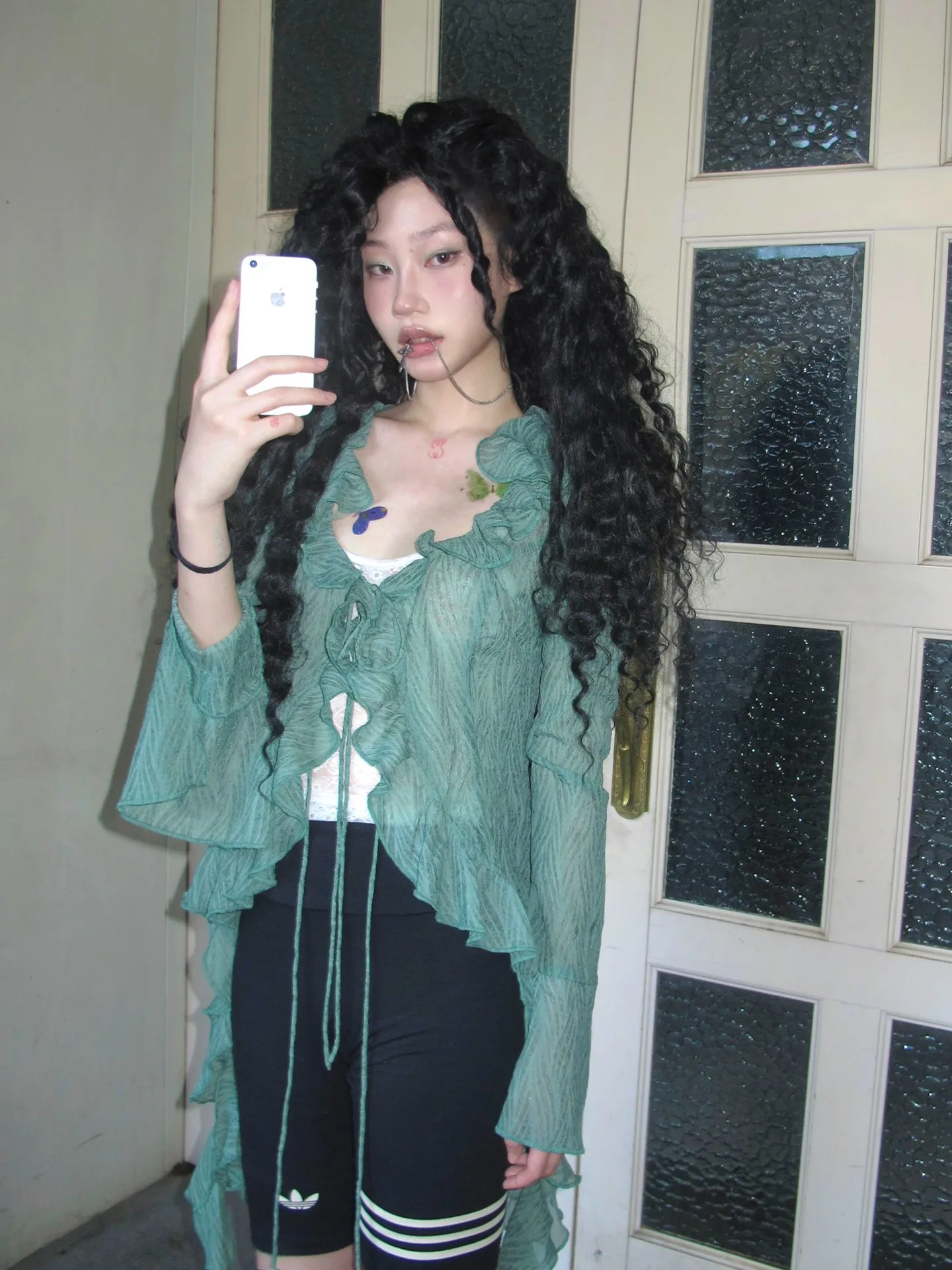 Karrram Japanese Y2k Lace Shirt Vintage 2000s Style Ruffles Blouses Grunge Aesthetics Irregular Green Shirts American Retro 90s