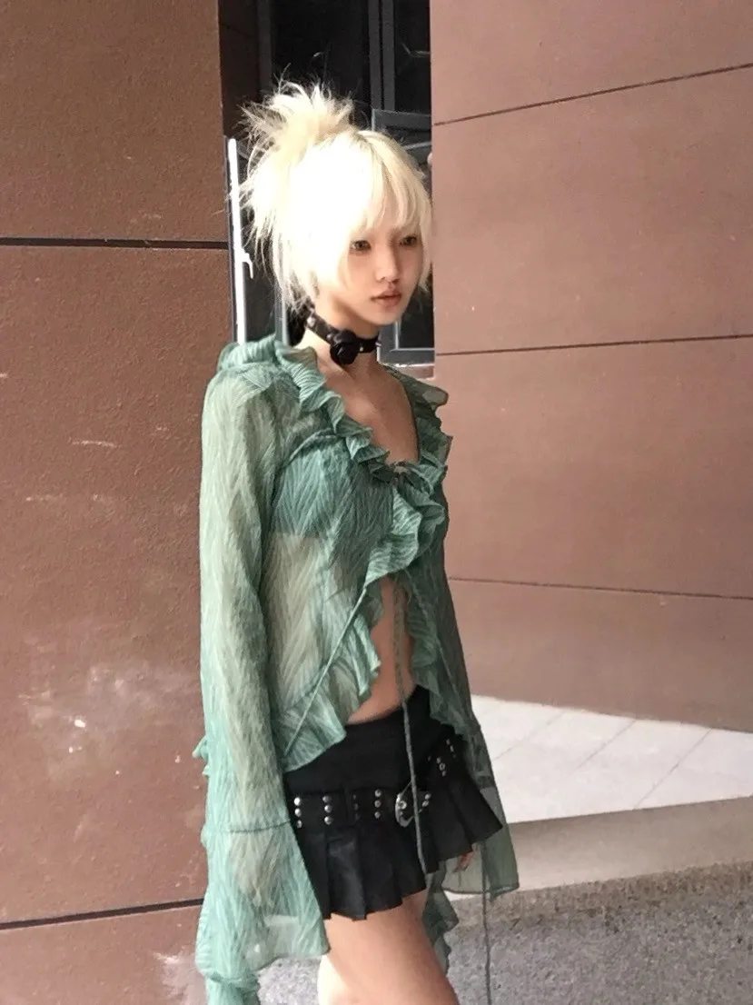 Karrram Japanese Y2k Lace Shirt Vintage 2000s Style Ruffles Blouses Grunge Aesthetics Irregular Green Shirts American Retro 90s