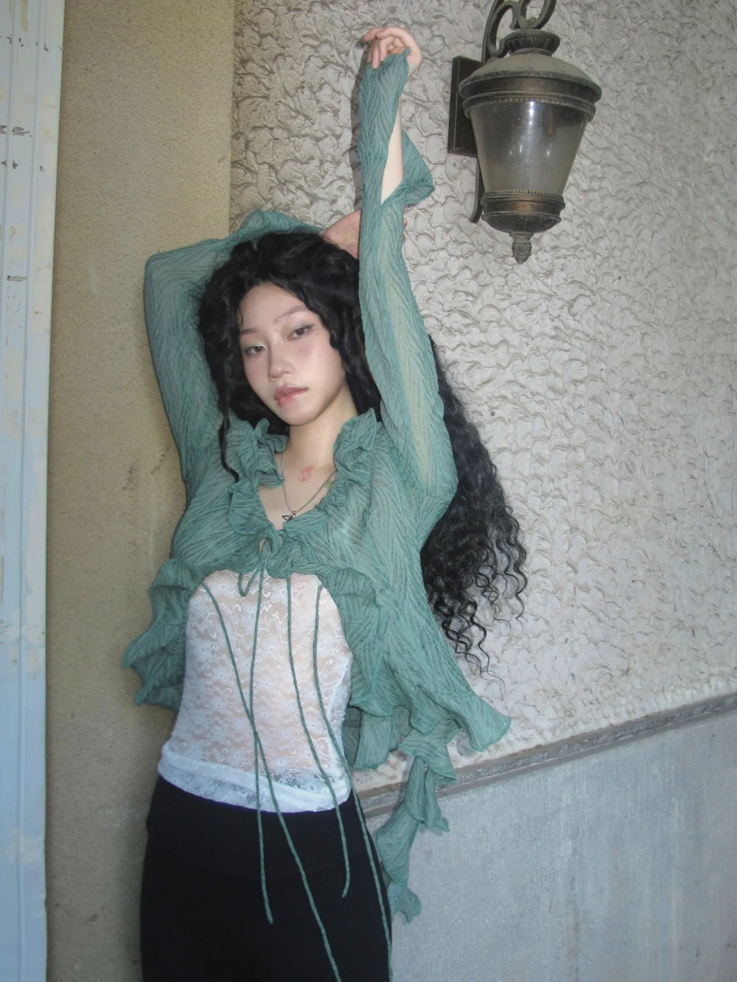 Karrram Japanese Y2k Lace Shirt Vintage 2000s Style Ruffles Blouses Grunge Aesthetics Irregular Green Shirts American Retro 90s
