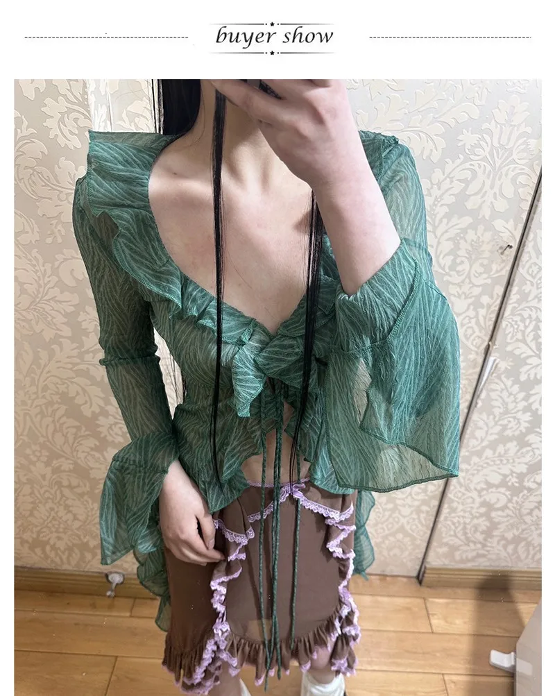 Karrram Japanese Y2k Lace Shirt Vintage 2000s Style Ruffles Blouses Grunge Aesthetics Irregular Green Shirts American Retro 90s