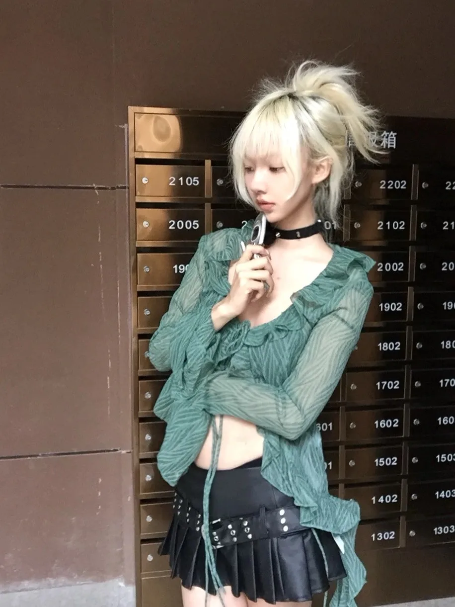 Karrram Japanese Y2k Lace Shirt Vintage 2000s Style Ruffles Blouses Grunge Aesthetics Irregular Green Shirts American Retro 90s