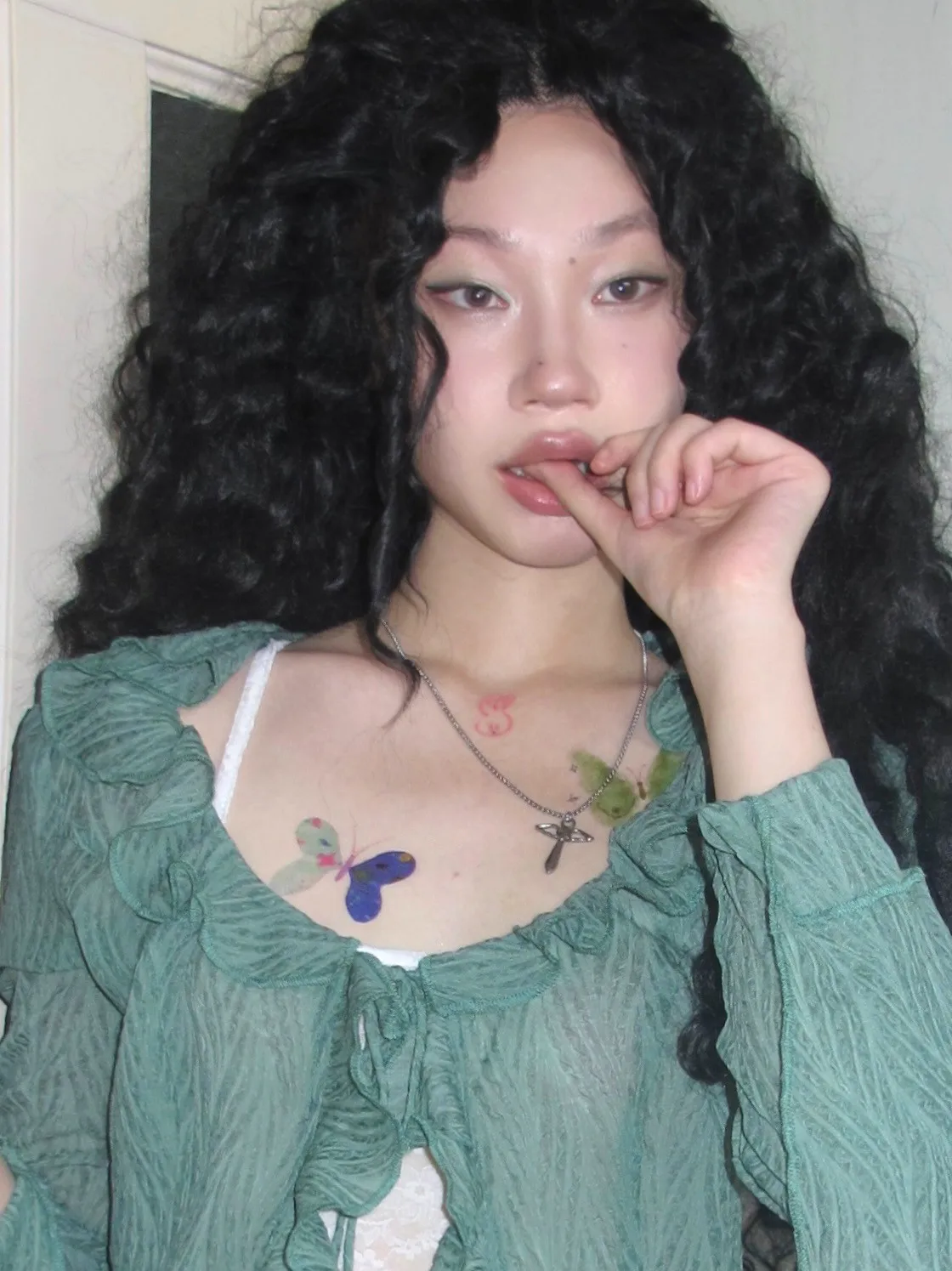 Karrram Japanese Y2k Lace Shirt Vintage 2000s Style Ruffles Blouses Grunge Aesthetics Irregular Green Shirts American Retro 90s