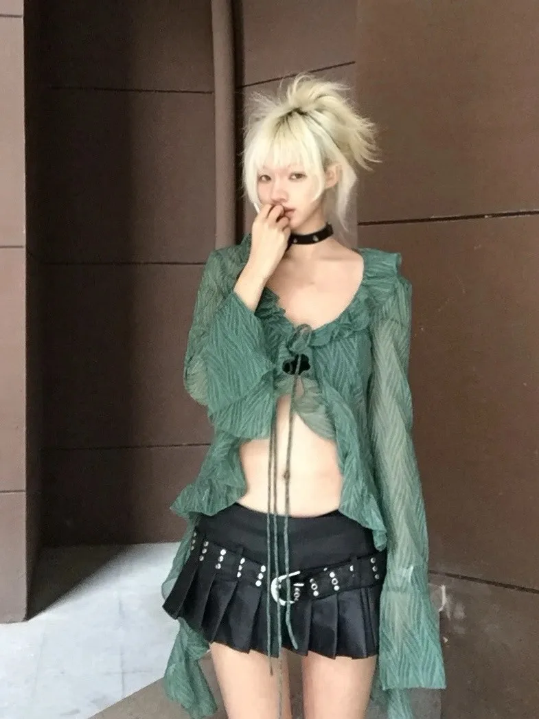 Karrram Japanese Y2k Lace Shirt Vintage 2000s Style Ruffles Blouses Grunge Aesthetics Irregular Green Shirts American Retro 90s