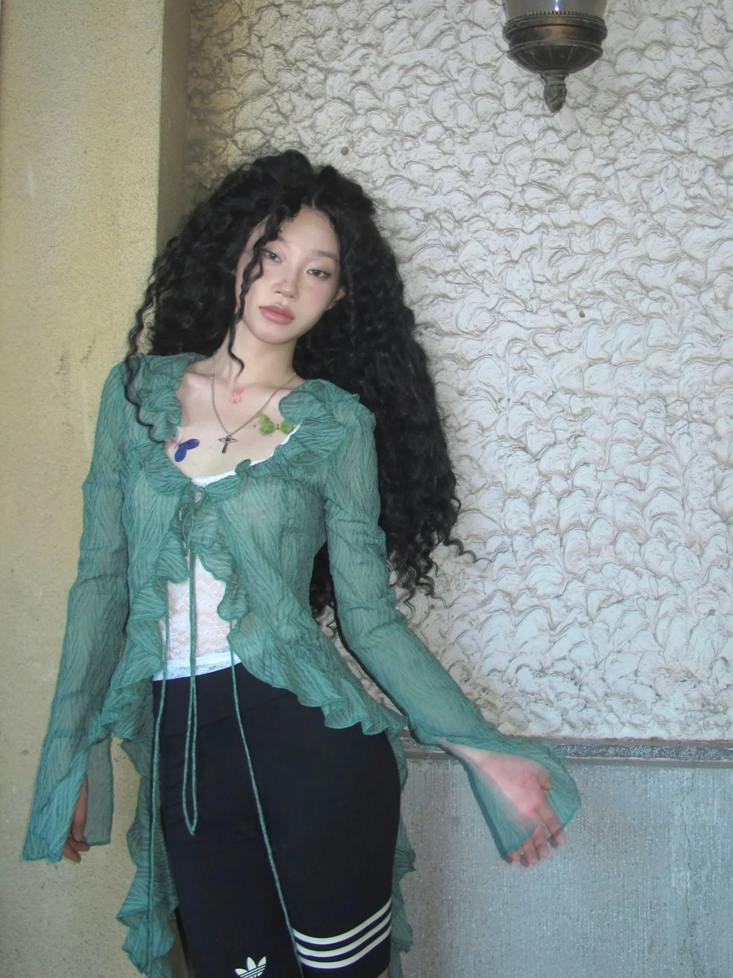 Karrram Japanese Y2k Lace Shirt Vintage 2000s Style Ruffles Blouses Grunge Aesthetics Irregular Green Shirts American Retro 90s