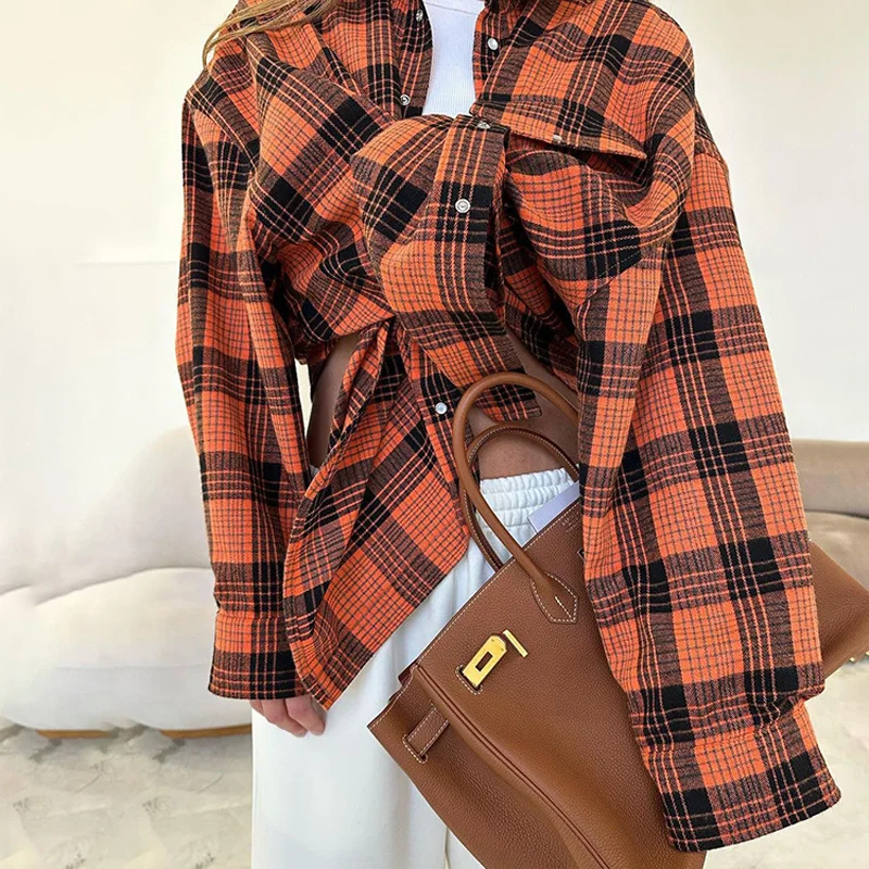 Mumaroho 2023 Autumn Winter Women Vintage Oversized Plaid Shirt Flannel Casual Long Sleeve Loose Fit Blouse Female