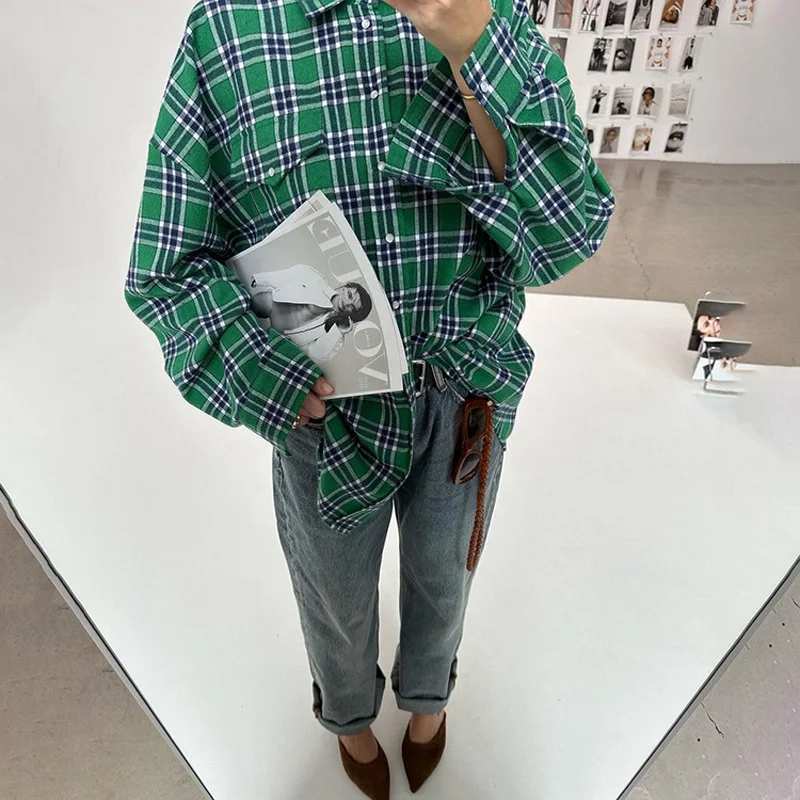 Mumaroho 2023 Autumn Winter Women Vintage Oversized Plaid Shirt Flannel Casual Long Sleeve Loose Fit Blouse Female