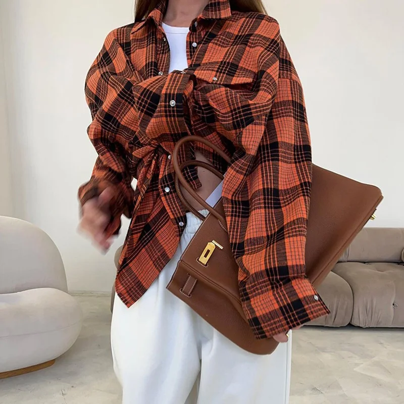 Mumaroho 2023 Autumn Winter Women Vintage Oversized Plaid Shirt Flannel Casual Long Sleeve Loose Fit Blouse Female