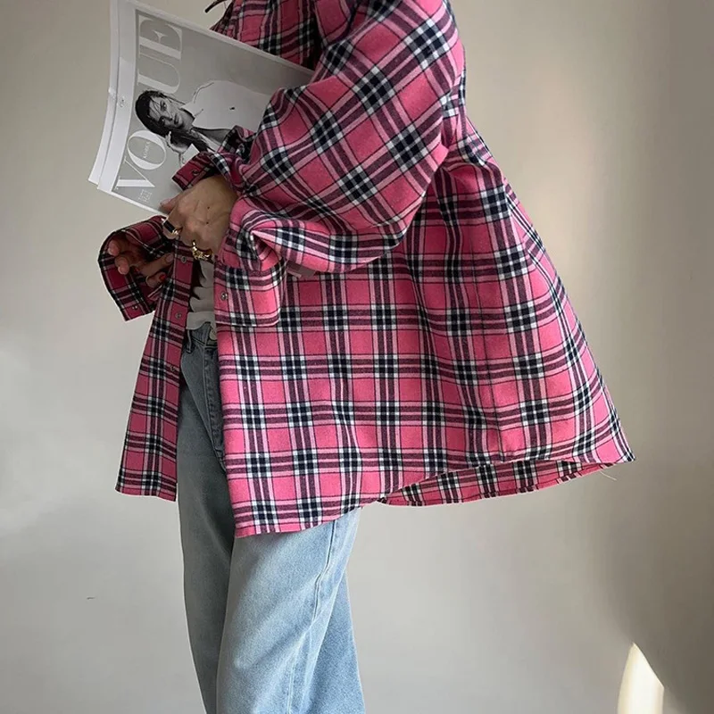 Mumaroho 2023 Autumn Winter Women Vintage Oversized Plaid Shirt Flannel Casual Long Sleeve Loose Fit Blouse Female